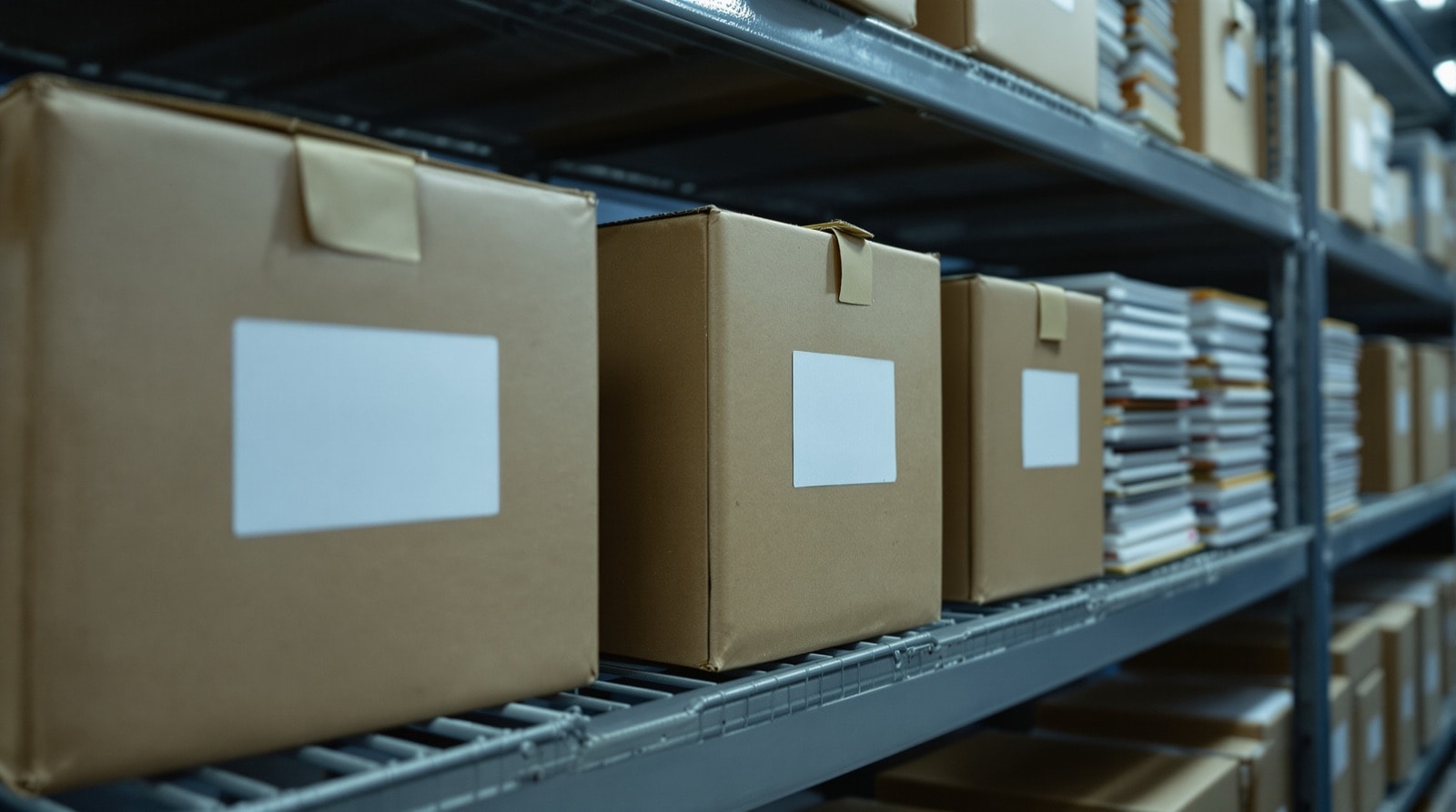 A shelf of labelled archive boxes and old optical media in a storeroom