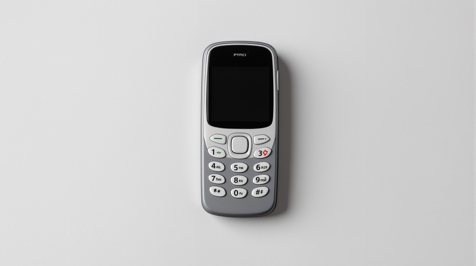 An older mobile phone resting keypad-up on a plain grey surface